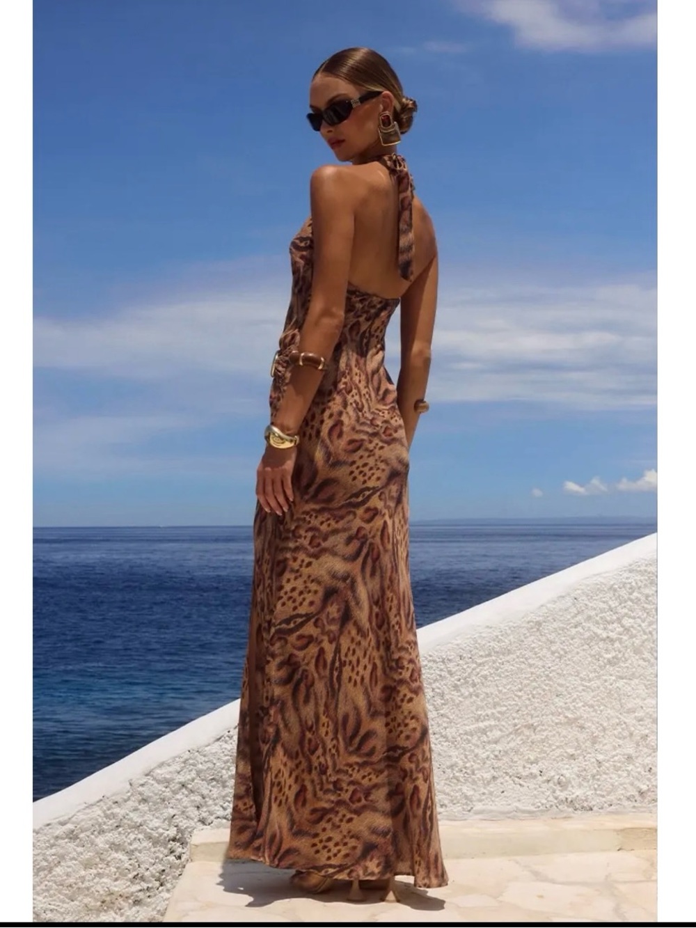 Brown and Gold Halter Maxi Dress - Picture 3 of 16
